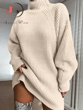 Women Turtleneck Oversized Knitted Dress Solid Long Sleeve