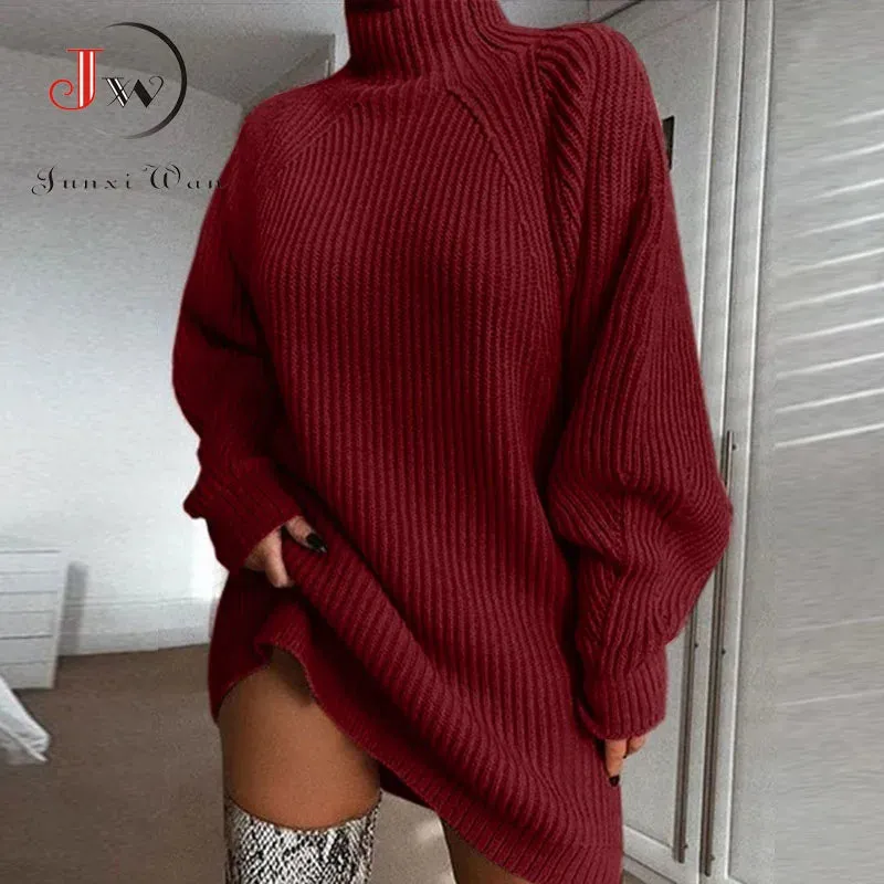 Women Turtleneck Oversized Knitted Dress Solid Long Sleeve